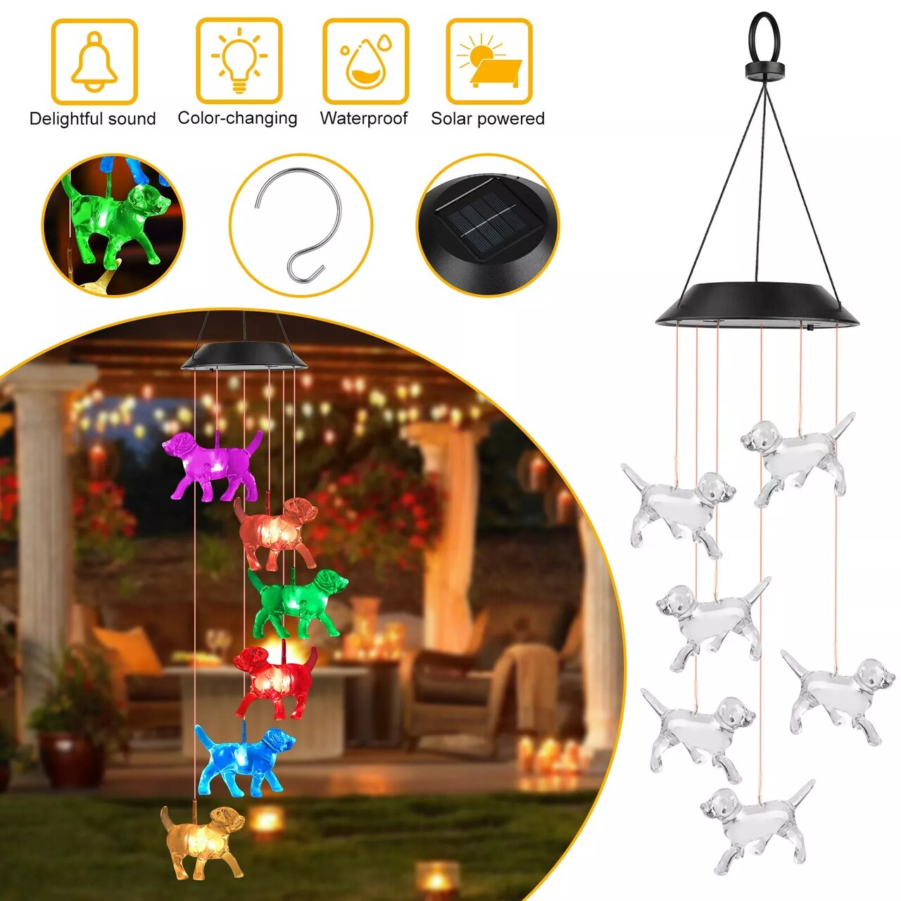 Crystal Dog Solar Wind Chimes LED Light Color-Changing Waterproof Garden Decor